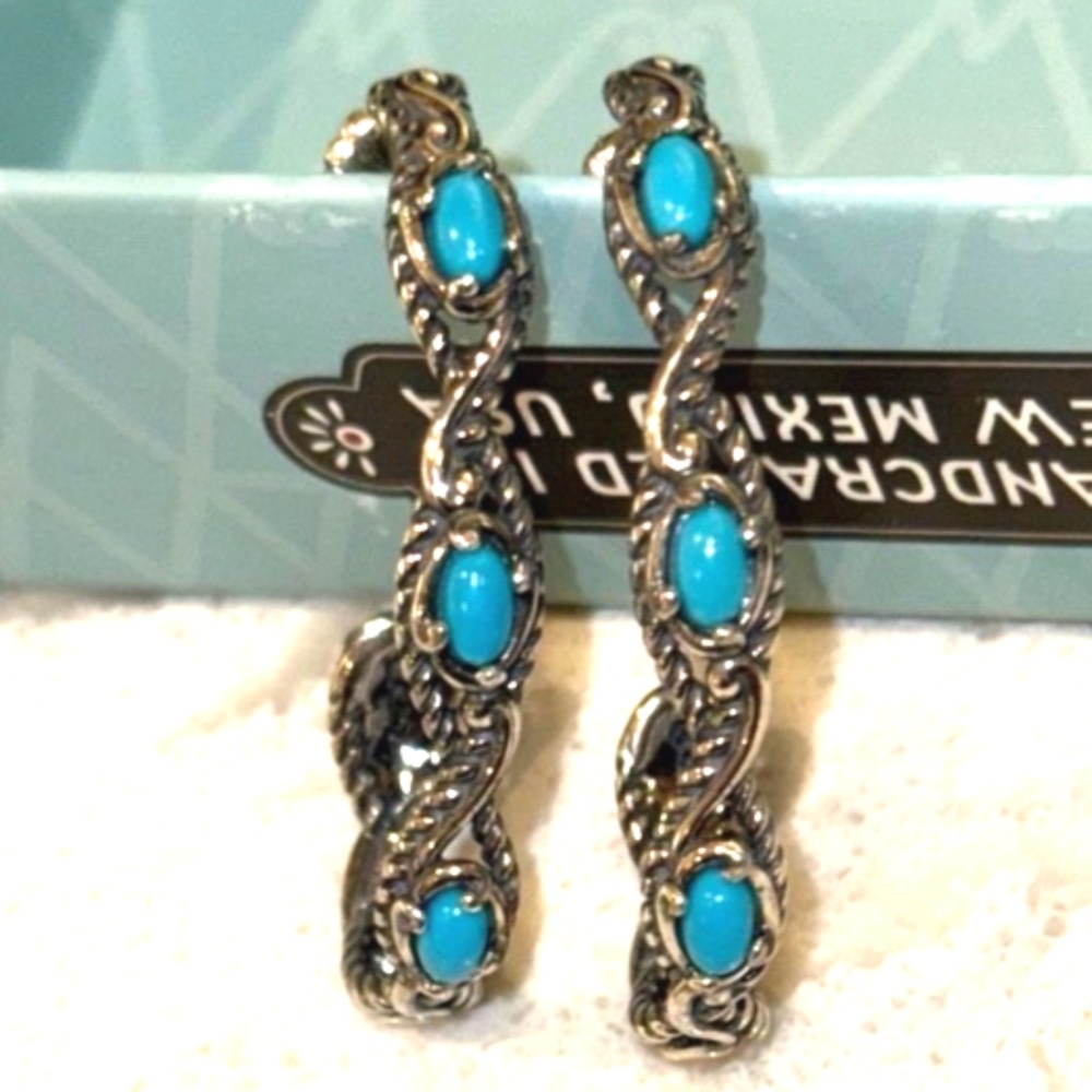 Carolyn Pollack Relios Sterling Turquoise Gemstone 3-Stone Hoop Earrings NEW 925